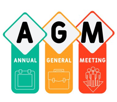 AGM - Yıllık Genel Kurul kısaltması, iş kavramı. Çizgi simgeleri ve süslemeleri içeren tipografi tasarımı çizimleri. İnternet sitesi tanıtım konsepti vektör düzeni.