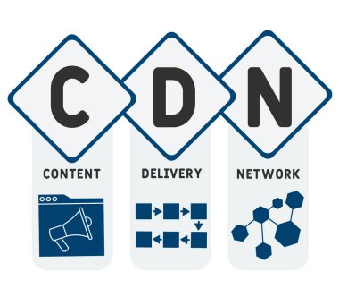 CDN - İçerik Teslimat Ağı kısaltması, iş kavramı. Çizgi simgeleri ve süslemeleri içeren tipografi tasarımı çizimleri. İnternet sitesi tanıtım konsepti vektör düzeni.