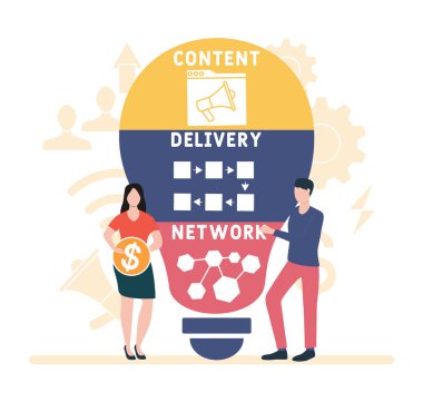 İnsanlarla düz tasarım. CDN - İçerik Teslimat Ağı kısaltması. İş kavramı geçmişi. Web sitesi afişi, pazarlama materyalleri, iş sunumu, çevrimiçi reklamcılık için vektör illüstrasyonu