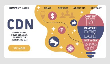 Vektör web sitesi tasarım şablonu. CDN - İçerik Teslimat Ağı kısaltması, iş kavramı. Web sitesi afişi, pazarlama malzemeleri, iş sunumu, çevrimiçi reklamcılık için illüstrasyon.