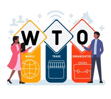 İnsanlarla düz tasarım. Dünya Ticaret Örgütü 'nün kısaltması. İş kavramı geçmişi. Web sitesi afişi, pazarlama materyalleri, iş sunumu, çevrimiçi reklamcılık için vektör illüstrasyonu