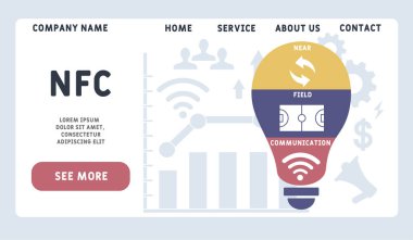 Vektör web sitesi tasarım şablonu. NFC - Saha İletişim kısaltması, iş kavramı. Web sitesi afişi, pazarlama malzemeleri, iş sunumu, çevrimiçi reklamcılık için illüstrasyon.