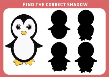 Doğru gölgeyi bul, çocuklar için eğitim oyunu. Komik küçük penguen. Anaokulu ödevi. Vektör illüstrasyonu.