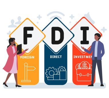 İnsanlarla düz tasarım. DDY - Doğrudan Dış Yatırım Kısaltması. İş kavramı geçmişi. Web sitesi afişi, pazarlama materyalleri, iş sunumu, çevrimiçi reklamcılık için vektör illüstrasyonu