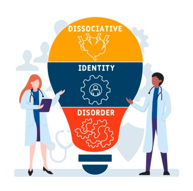 İnsanlarla düz tasarım. Çoklu Kimlik Bozukluğu kısaltması. Tıbbi konsept geçmişi. Web sitesi afişi, pazarlama materyalleri, iş sunumu, çevrimiçi reklamcılık için vektör illüstrasyonu