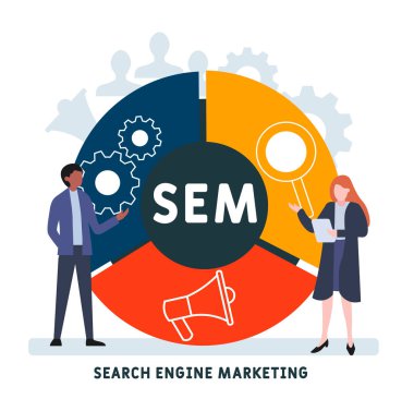 İnsanlarla düz tasarım. SEM - Arama Motoru Pazarlama kısaltması. İş kavramı geçmişi. Web sitesi afişi, pazarlama materyalleri, iş sunumu, çevrimiçi reklamcılık için vektör illüstrasyonu