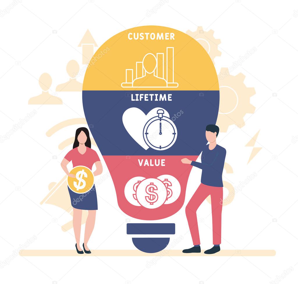 Flat design with people. CLV - Customer Lifetime Value  acronym. business concept background. Vector illustration for website banner, marketing materials, business presentation, online advertising