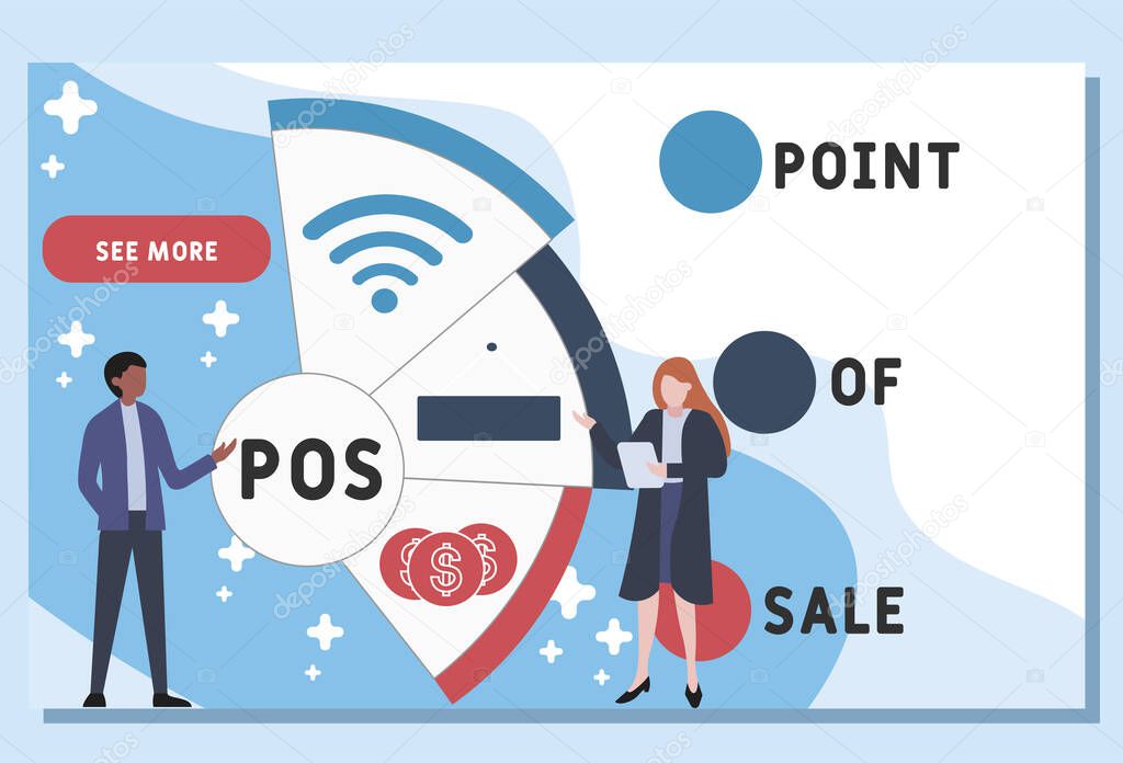 Vector website design template . POS - Point of Sale acronym, business   concept. illustration for website banner, marketing materials, business presentation, online advertising.
