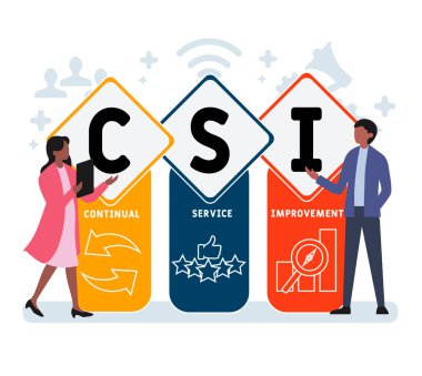 İnsanlarla düz tasarım. CSI - Sürekli Hizmet Geliştirme kısaltması. İş kavramı geçmişi. Web sitesi afişi, pazarlama materyalleri, iş sunumu, çevrimiçi reklamcılık için vektör illüstrasyonu