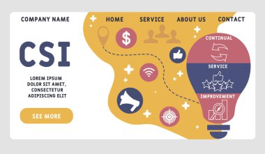 Vektör web sitesi tasarım şablonu. CSI - Sürekli Hizmet Geliştirme kısaltması, iş kavramı. Web sitesi afişi, pazarlama malzemeleri, iş sunumu, çevrimiçi reklamcılık için illüstrasyon.