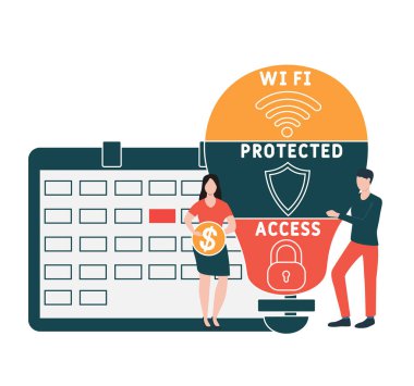 İnsanlarla düz tasarım. WPA-Wi-Fi korumalı erişim kısaltması. İş kavramı geçmişi. Web sitesi afişi, pazarlama materyalleri, iş sunumu, çevrimiçi reklamcılık için vektör illüstrasyonu