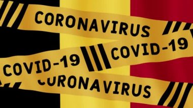 Animasyon konsepti, karantina uyarısı. Belçika bayrağı üzerinde uyarı bandı. Covid-19 virüs bandı. İzolasyon dikkati animasyon hareketli grafik konsept video. Corona virüsü salgını hakkında bilgi.