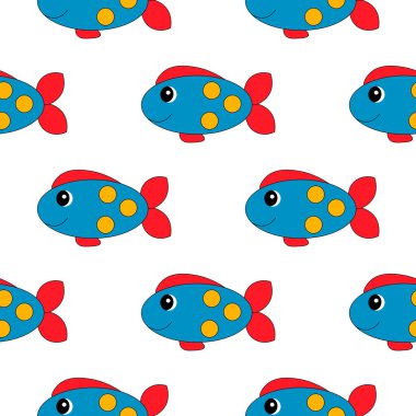 Beyaz arka planda şirin balıklar olan kusursuz bir desen. ağ, tekstil ve duvar kağıtları için modern vektör deseni tasarımı. Çocuk geçmişi.