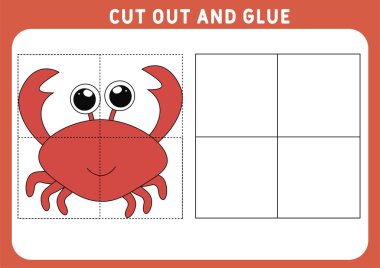 Çocuklar için eğitici bir oyun. Çocuklar için bulmaca. Kes ve yapıştır. Komik küçük Yengeç.