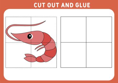 Çocuklar için eğitici bir oyun. Çocuklar için bulmaca. Kes ve yapıştır. Komik küçük karides. Çalışma çizelgesi. Vektör illüstrasyonu