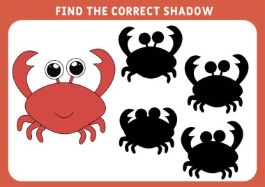Çocuklar için doğru gölge eğitme oyununu bul. Küçük Yengeç. Çocuklar için oyun. Anaokulu ödevi. Vektör illüstrasyonu.