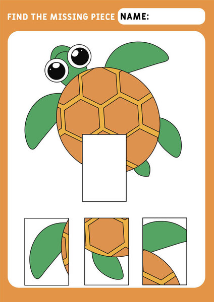 Найти недостающую часть и дополнить картину. Деятельность головоломок. животные тема. Забавная маленькая морская черепашка. Мероприятия для детей дошкольного возраста. Образовательная и логическая игра для детей. Документ А4