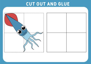 Çocuklar için eğitici bir oyun. Çocuklar için bulmaca. Kes ve yapıştır. Komik küçük mürekkep balığı. Çalışma çizelgesi. Vektör illüstrasyonu
