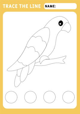 Komik küçük papağan. Eğitici çocuklar oyunu. Hasarlı çizgilerin takibi için okul öncesi çalışma çizelgesi. İzleme Çalışma Kağıdı. Görüntü ve vektör ana hatları - A4 kağıt