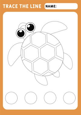 Komik küçük deniz kaplumbağası. Hasarlı çizgilerin takibi için okul öncesi çalışma çizelgesi. İzleme Çalışma Kağıdı. Görüntü ve vektör çizelgesi - A4 kağıdı yazdırmaya hazır.