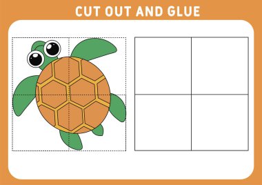 Çocuklar için eğitici bir oyun. Çocuklar için bulmaca. Kes ve yapıştır. Komik küçük deniz kaplumbağası. Çalışma çizelgesi. Vektör illüstrasyonu