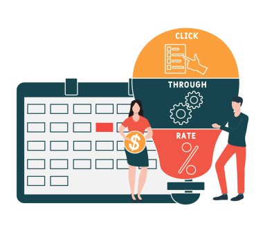 İnsanlarla düz tasarım. CTR - Rate kısaltmasına tıklayın. İş kavramı geçmişi. Web sitesi afişi, pazarlama materyalleri, iş sunumu, çevrimiçi reklamcılık için vektör illüstrasyonu