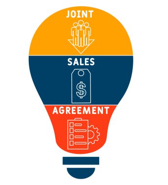 JSA - Ortak Satış Anlaşması kısaltması, iş kavramı. Çizgi simgeleri ve süslemeleri içeren tipografi tasarımı çizimleri. İnternet sitesi tanıtım konsepti vektör düzeni.