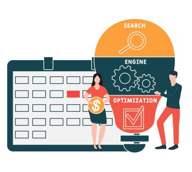 İnsanlarla düz tasarım. SEO - Arama motoru optimizasyonu kısaltma kısaltması. İş kavramı geçmişi. Web sitesi afişi, pazarlama materyalleri, iş sunumu, çevrimiçi reklamcılık için vektör illüstrasyonu