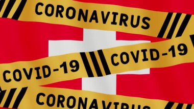 Animasyon konsepti, karantina uyarısı. İsviçre bayrağı üzerinde uyarı bandı. Covid-19 virüs bandı. İzolasyon dikkati animasyon hareketli grafik konsept video. Corona virüsü salgını hakkında bilgi.