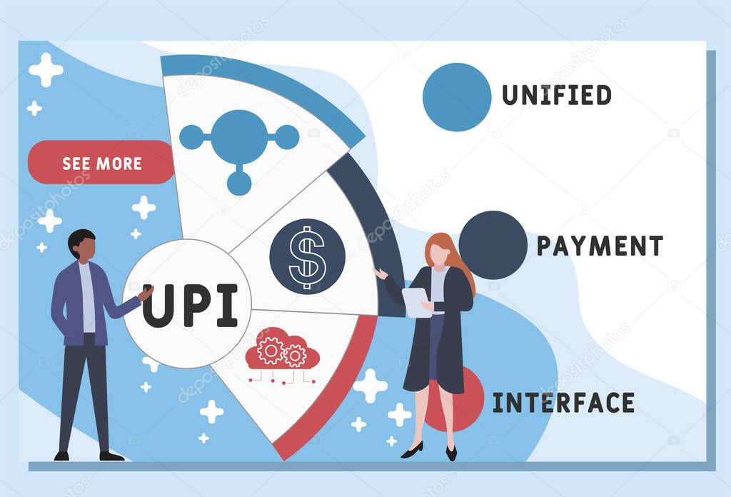 Vector website design template . upi -unified payment interface acronym, business   concept. illustration for website banner, marketing materials, business presentation, online advertising.