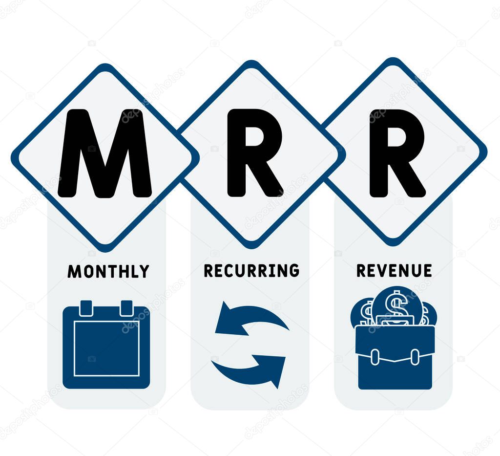 MRR - Monthly Recurring Revenue acronym, business   concept. word lettering typography design illustration with line icons and ornaments.  Internet web site promotion concept vector layout.