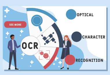 Vektör web sitesi tasarım şablonu. OCR - Optik Karakter Tanıma kısaltması, iş kavramı. Web sitesi afişi, pazarlama malzemeleri, iş sunumu, çevrimiçi reklamcılık için illüstrasyon.