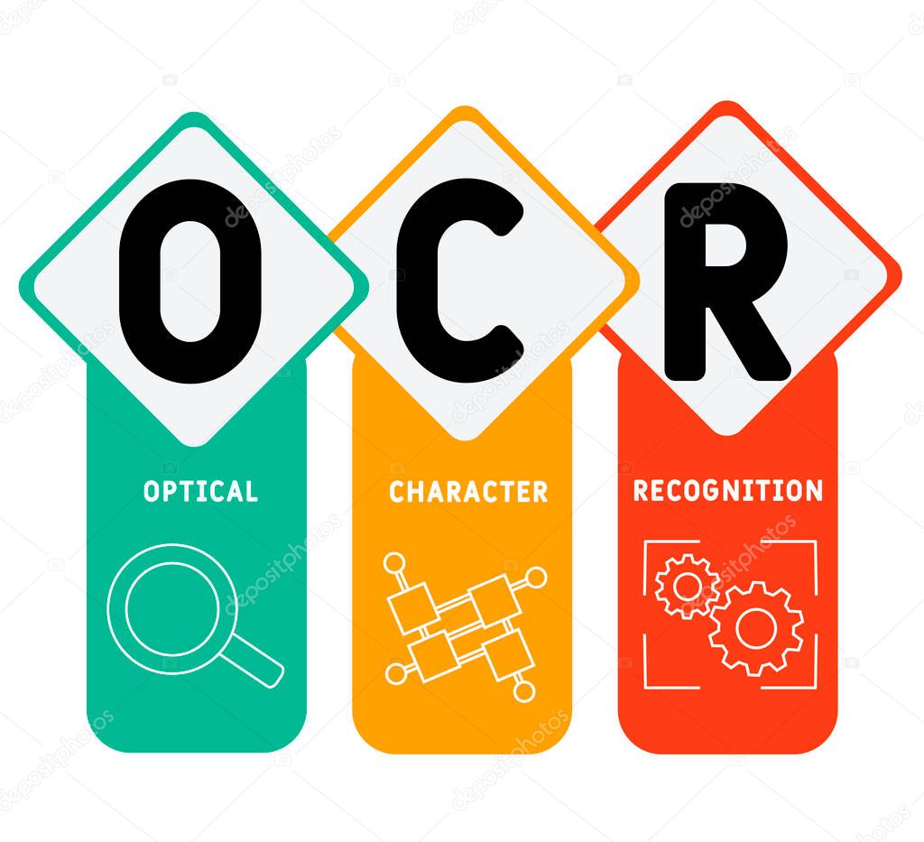 OCR - Optical Character Recognition acronym, business   concept. word lettering typography design illustration with line icons and ornaments.  Internet web site promotion concept vector layout.