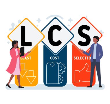 İnsanlarla düz tasarım. LCS - En Düşük Maliyetli Seçim kısaltması. İş kavramı geçmişi. Web sitesi afişi, pazarlama materyalleri, iş sunumu, çevrimiçi reklamcılık için vektör illüstrasyonu