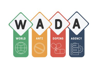 WADA - Dünya Dopingle Mücadele Ajansı kısaltması. Tıbbi konsept geçmişi. Anahtar sözcükler ve simgelerle vektör illüstrasyon kavramı. Web afişi, el ilanı, iniş sayfası, sunum simgeleri içeren harf çizimi