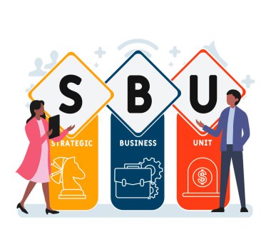 İnsanlarla düz tasarım. SBU - stratejik iş birimi kısaltması, iş konsepti geçmişi. Web sitesi afişi, pazarlama materyalleri, iş sunumu, çevrimiçi reklamcılık için vektör illüstrasyonu.