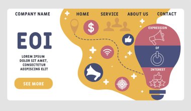 Vektör web sitesi tasarım şablonu. EOI - Faiz kısaltmasının ifadesi. İş kavramı geçmişi. Web sitesi afişi, pazarlama malzemeleri, iş sunumu, çevrimiçi reklamcılık için illüstrasyon. 