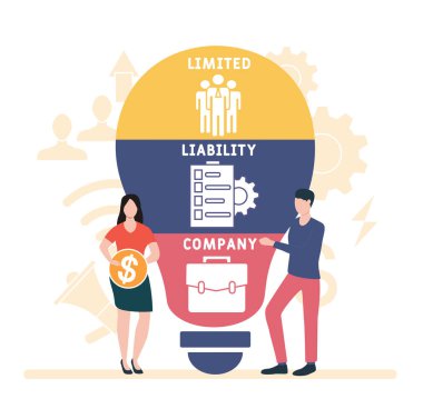 İnsanlarla düz tasarım. LLC - Sınırlı mesuliyet şirketi kısaltması, iş konsepti geçmişi. Web sitesi afişi, pazarlama materyalleri, iş sunumu, çevrimiçi reklamcılık için vektör illüstrasyonu.