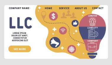 Vektör web sitesi tasarım şablonu. LLC-Sınırlı Sorumluluk Şirketi kısaltması. İş kavramı geçmişi. Web sitesi afişi, pazarlama malzemeleri, iş sunumu, çevrimiçi reklamcılık için illüstrasyon.