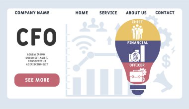Vektör web sitesi tasarım şablonu. Finans Müdürü Kısaltma Finans Müdürü. İş kavramı geçmişi. Web sitesi afişi, pazarlama malzemeleri, iş sunumu, çevrimiçi reklamcılık için illüstrasyon. 