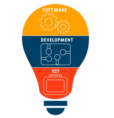 SDK - Yazılım Geliştirme Kiti kısaltması. İş kavramı geçmişi. Anahtar sözcükler ve simgelerle vektör illüstrasyon kavramı. Web afişi, el ilanı, iniş sayfası, sunum simgeleri içeren harf çizimi