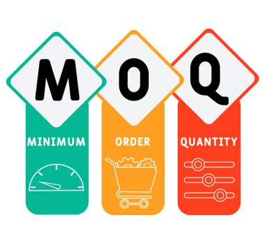 MOQ - Minimum Düzen Kısaltma. İş kavramı geçmişi. Anahtar sözcükler ve simgelerle vektör illüstrasyon kavramı. Web afişi, el ilanı, iniş sayfası simgeleriyle illüstrasyon