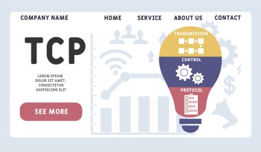 Vektör web sitesi tasarım şablonu. TCP - Aktarım Kontrol Protokolü kısaltması. İş kavramı geçmişi. Web sitesi afişi, pazarlama malzemeleri, iş sunumu, çevrimiçi reklamcılık için illüstrasyon. 