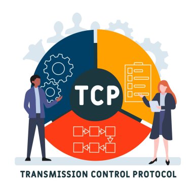 İnsanlarla düz tasarım. TCP - İletim Kontrol Protokolü kısaltması, iş konsepti geçmişi. Web sitesi afişi, pazarlama materyalleri, iş sunumu, çevrimiçi reklamcılık için vektör illüstrasyonu.