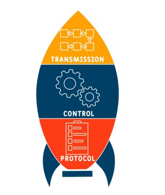 TCP - Aktarım Kontrol Protokolü kısaltması. İş kavramı geçmişi. Anahtar sözcükler ve simgelerle vektör illüstrasyon kavramı. Web afişi, el ilanı, iniş sayfası, sunum simgeleri içeren harf çizimi