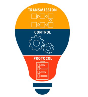 TCP - Aktarım Kontrol Protokolü kısaltması. İş kavramı geçmişi. Anahtar sözcükler ve simgelerle vektör illüstrasyon kavramı. Web afişi, el ilanı, iniş sayfası, sunum simgeleri içeren harf çizimi