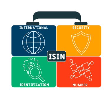 ISIN - Uluslararası Güvenlik Kimlik Numarası Kısaltma. İş kavramı geçmişi. Anahtar sözcükler ve simgelerle vektör illüstrasyon kavramı. Web afişi, el ilanı, iniş sayfası, sunum simgeleri içeren harf çizimi