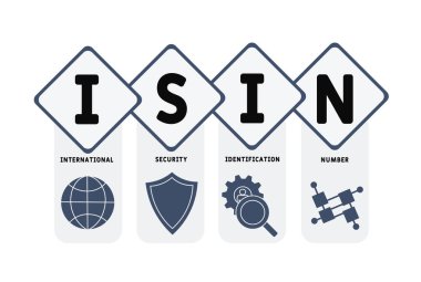 ISIN - Uluslararası Güvenlik Kimlik Numarası Kısaltma. İş kavramı geçmişi. Anahtar sözcükler ve simgelerle vektör illüstrasyon kavramı. Web afişi, el ilanı, iniş sayfası, sunum simgeleri içeren harf çizimi