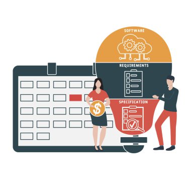 İnsanlarla düz tasarım. SRS - Yazılım Gerekli Belirtiler Kısaltma, iş konsepti geçmişi. Web sitesi afişi, pazarlama materyalleri, iş sunumu, çevrimiçi reklamcılık için vektör illüstrasyonu.
