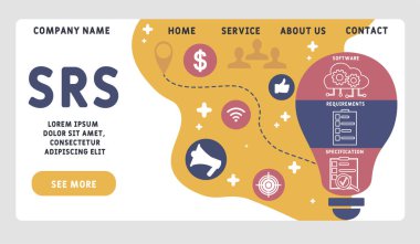 Vektör web sitesi tasarım şablonu. SRS - Yazılım Gerekli Belirtiler Kısaltması. İş kavramı geçmişi. Web sitesi afişi, pazarlama malzemeleri, iş sunumu, çevrimiçi reklamcılık için illüstrasyon. 